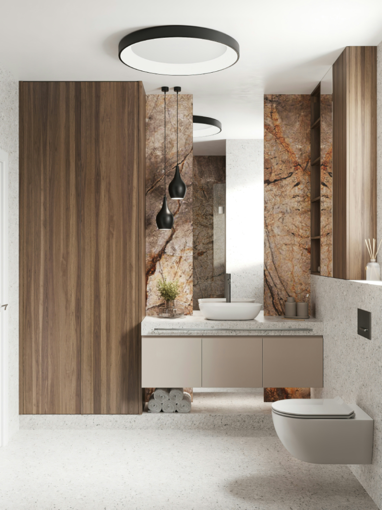 Baño de diseño combinado en madera oscuro con piedra y acero.